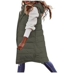 New Lightweight Long Puffer Vest with Hood, Olive/Military Green, Size XXL